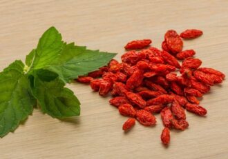 Goji berries and leaves on a wooden surface, resembling 'Can Berberine Damage the Liver'.