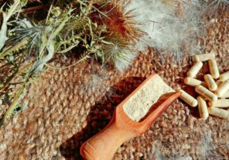 capsules and dried herbs on a wooden surface, resembling 'What Medications Should Not Be Taken With Milk Thistle'.